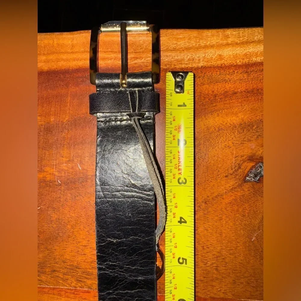 Michael Kors Black Pebbled Leather Belt-tortoise shell buckle w/ MK Charm Logo